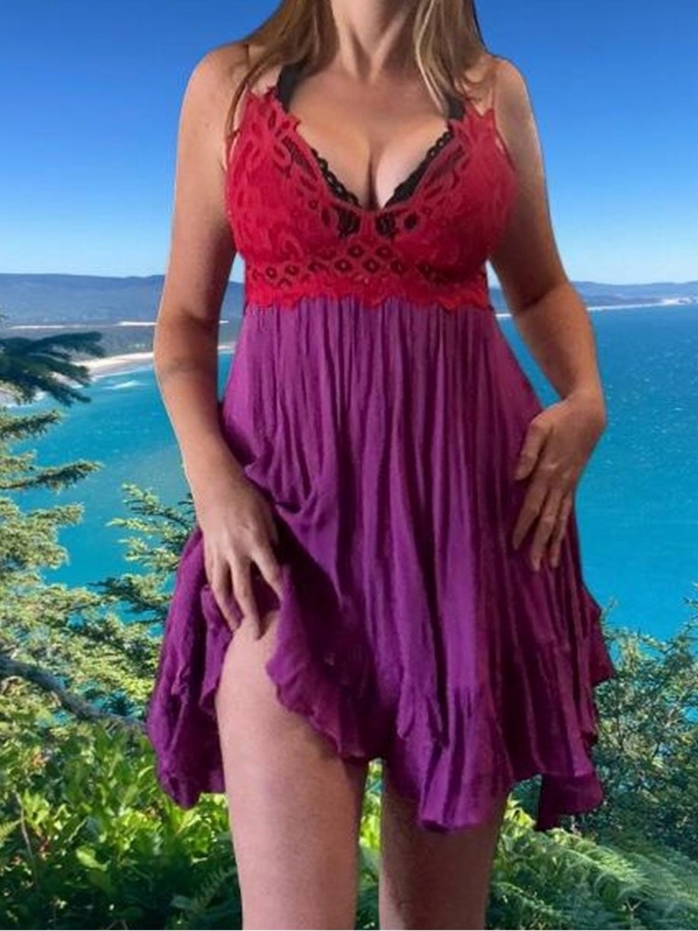 Free People S/M Red Lace & Purple fuschia Babydoll Dress